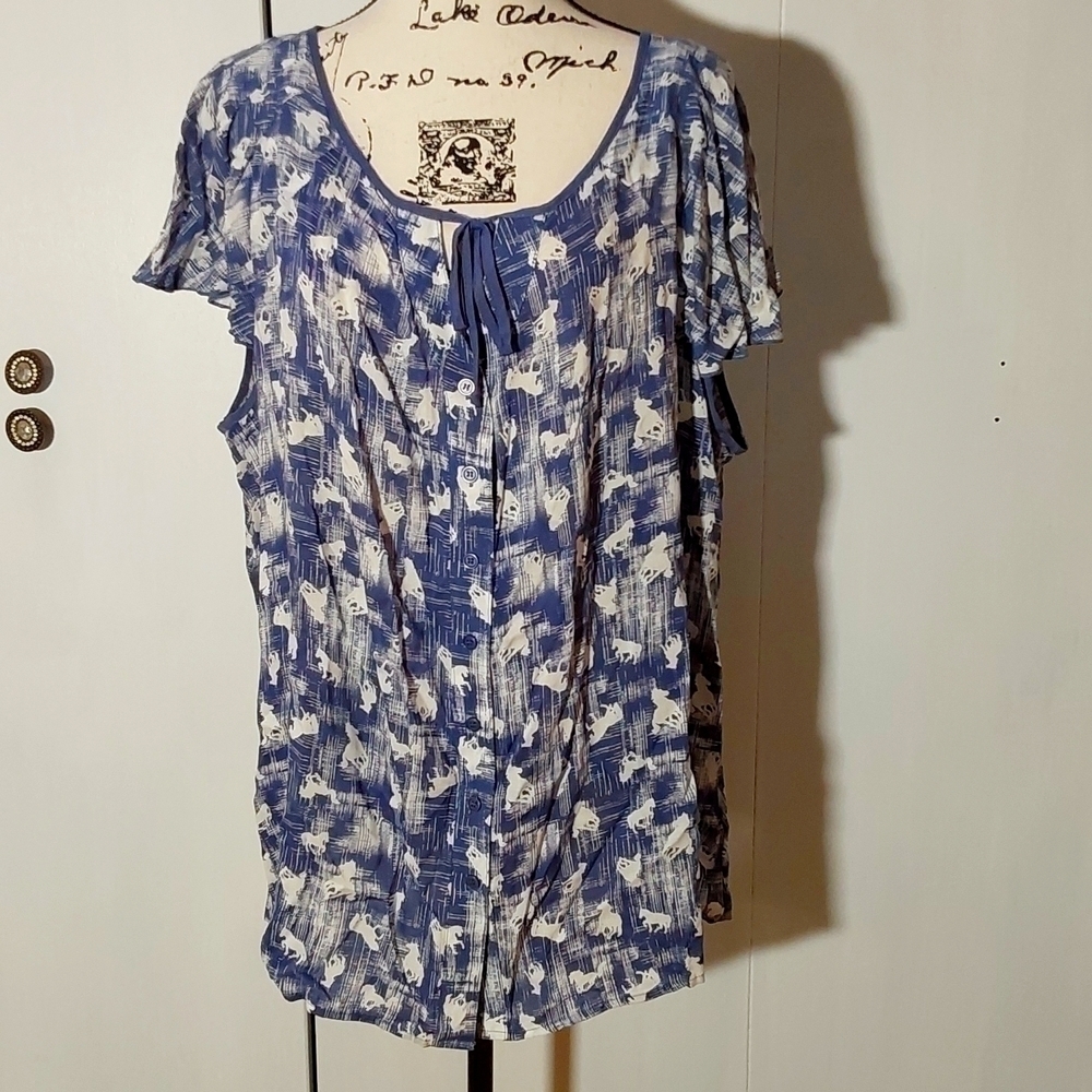 Pure Energy|Womens Blue Flutter Sleeve Western Horse Print Top Sz.2X